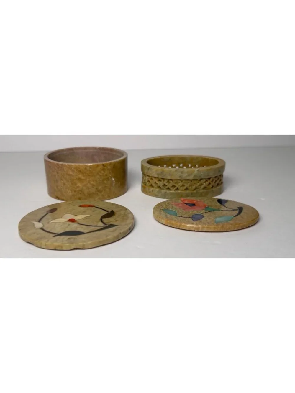 VTG Soapstone Floral Trinket Boxes Set Of 2 Handmade In India Pearl Collectible